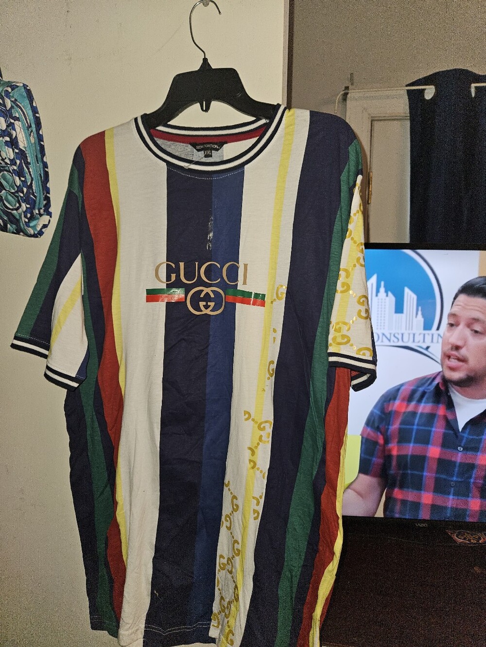 Men's Navy & White Striped Crewneck Fucci Distortion Shirt - XXL